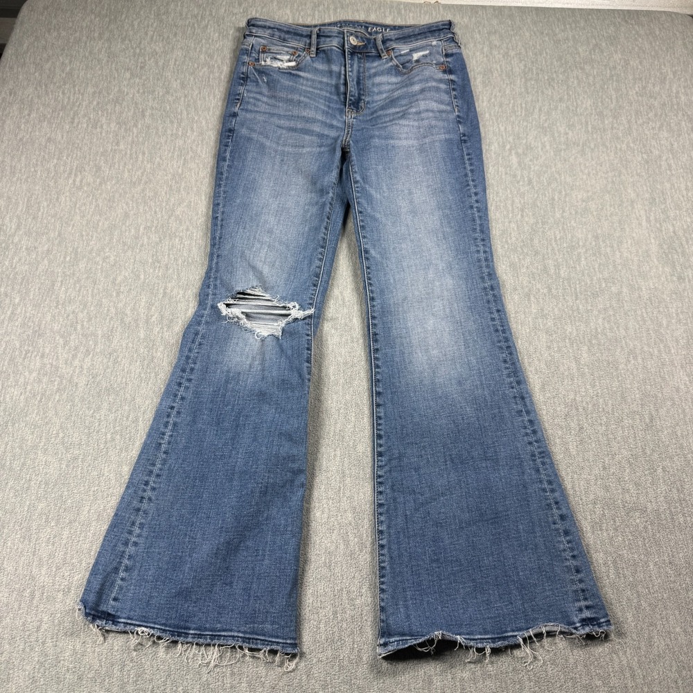 American Eagle Jeans Womens 4 Short Blue Super Hi-Rise Flare Stretch Distressed